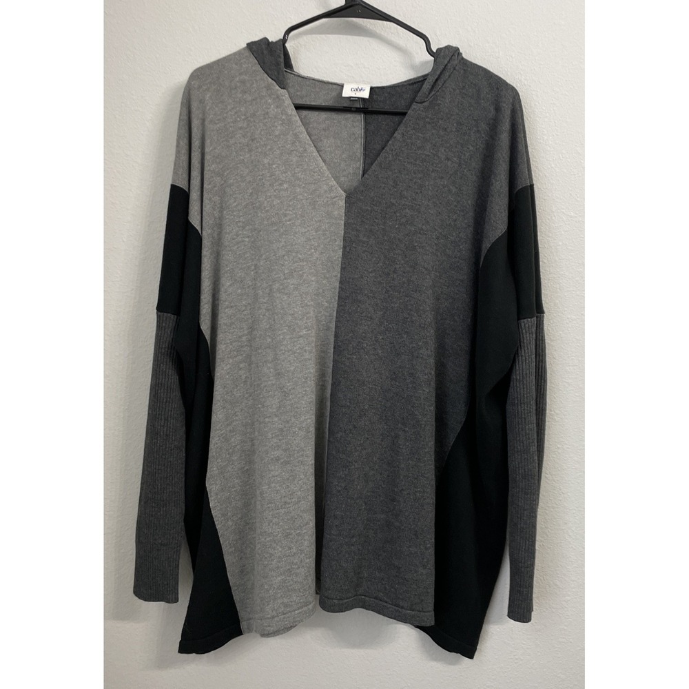 Cabi Womens Dakota Poncho Sweater Hoodie‎ Gray Black Color Block Oversized Small